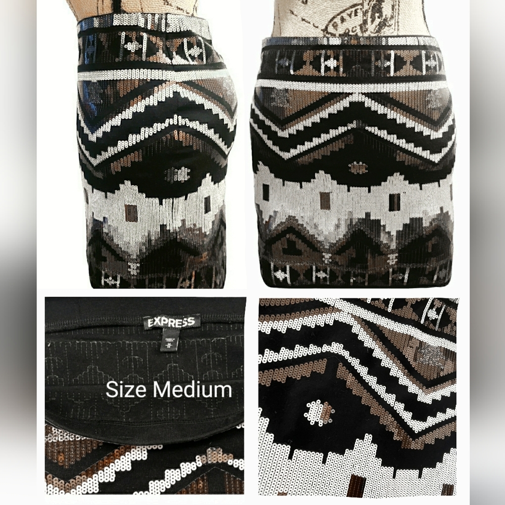 EXPRESS Size M- Black White Silver Bronze Sequins- Mini Skirt- New Without Tags.
